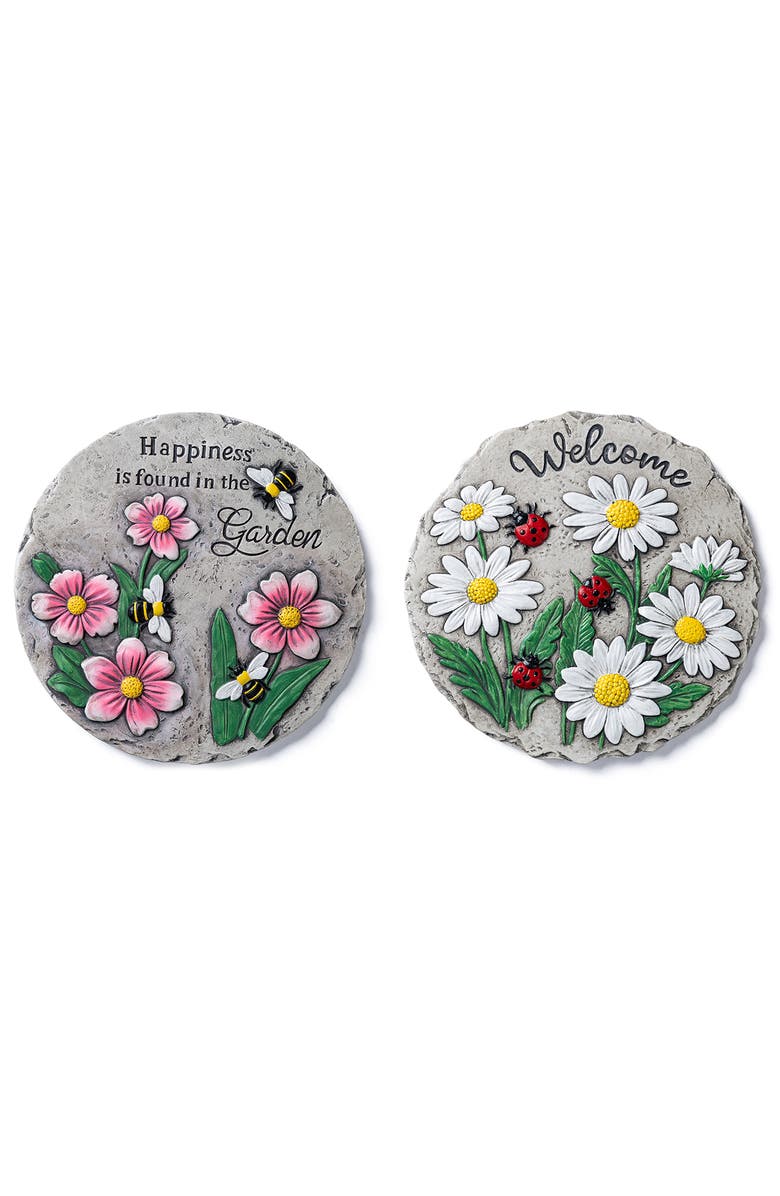 Glitzhome Set of 2 Cement Flower Textured Stepping Stones, Main, color, Grey