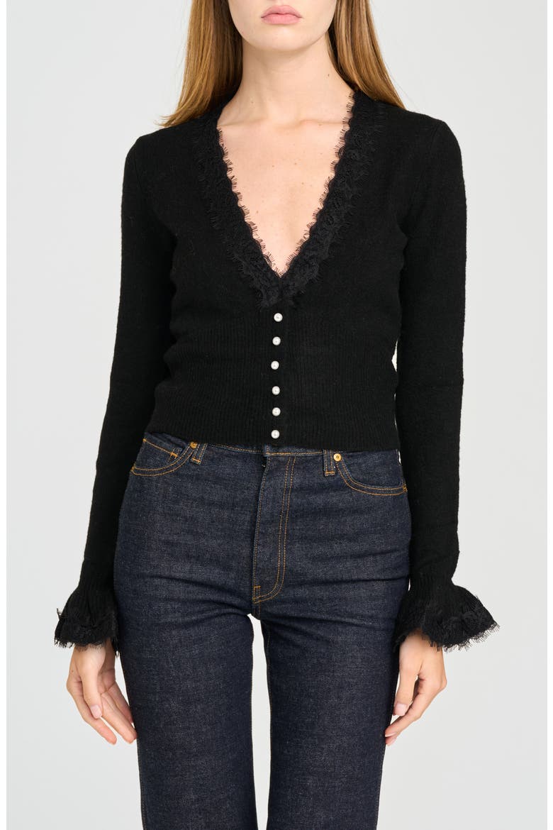 x Rose Lola Carolyn Lace Trim Cardigan, Main, color, BLACK