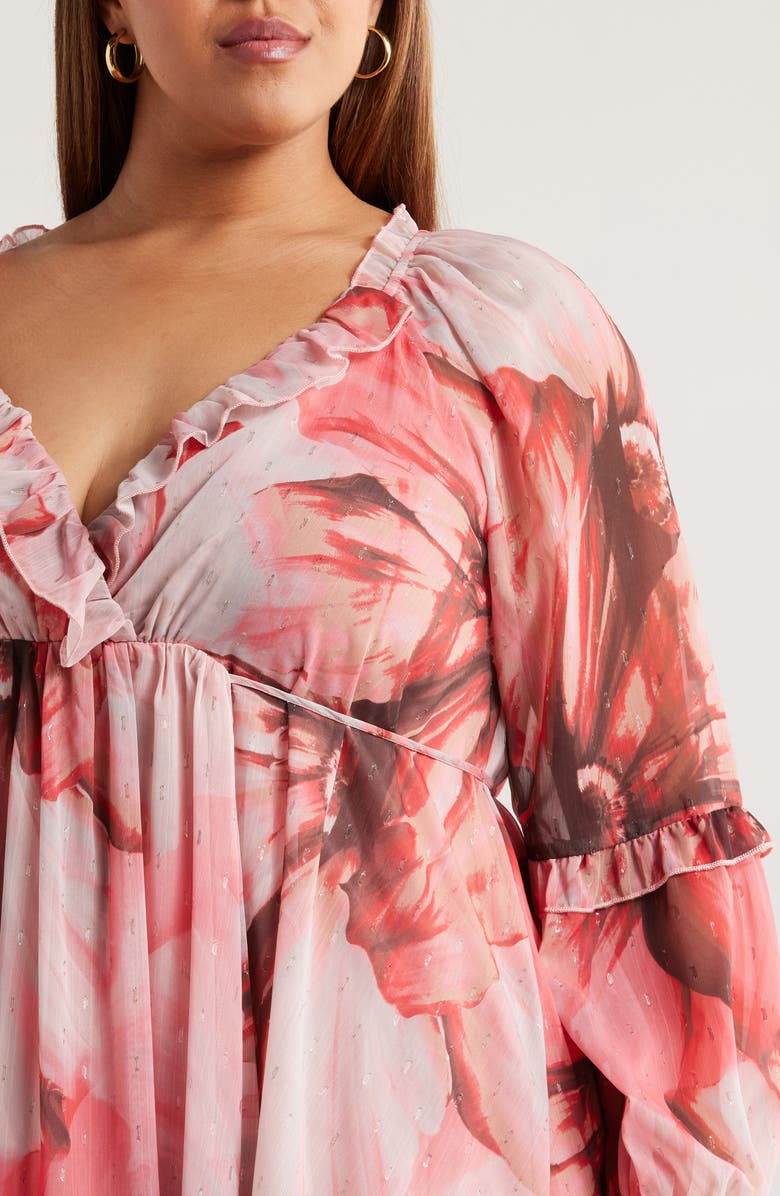 Socialite Metallic Floral Print Long Sleeve Maxi Dress, Alternate, color, Grey/ Pink