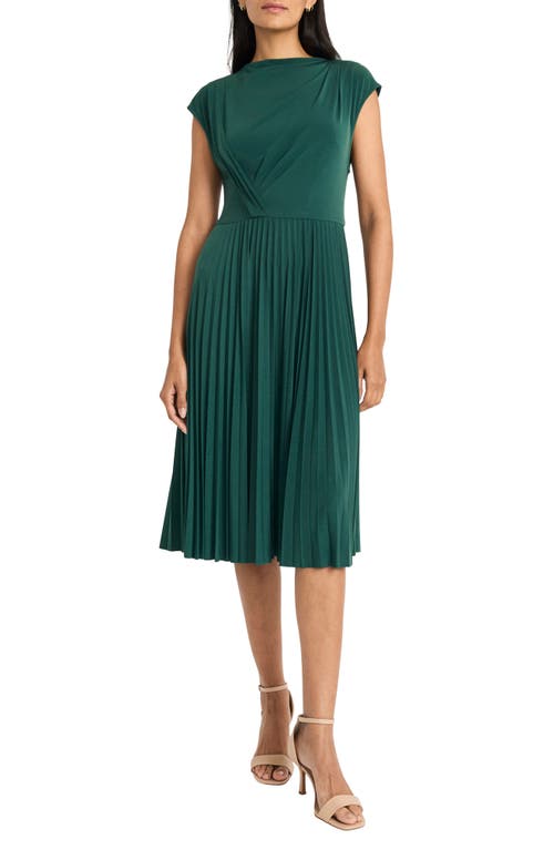 Maggy London Draped Bodice Cap Sleeve Pleated Midi Dress in Pine Grove 