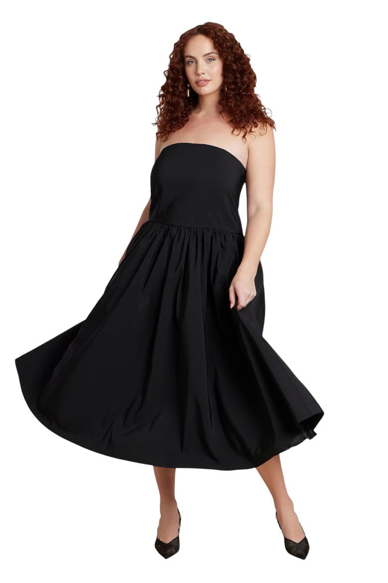 Strapless Flare Midi Dress, Alternate, color, BLACK ONYX