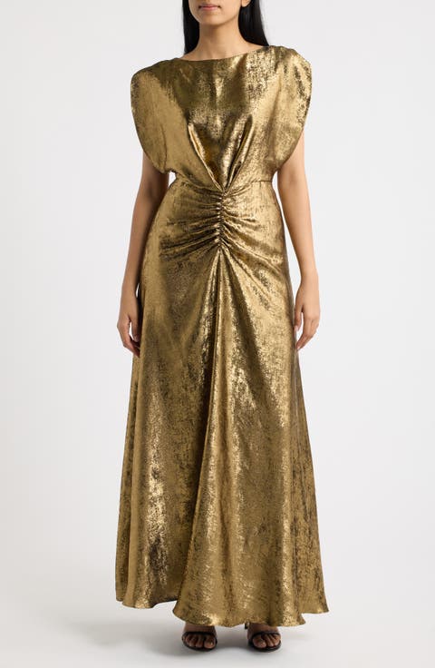 Metallic Draped Boat Neck Gown