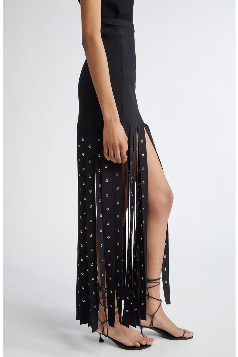 Effe Studded Fringe Hem Compact Knit Skirt, Alternate, color, BLACK