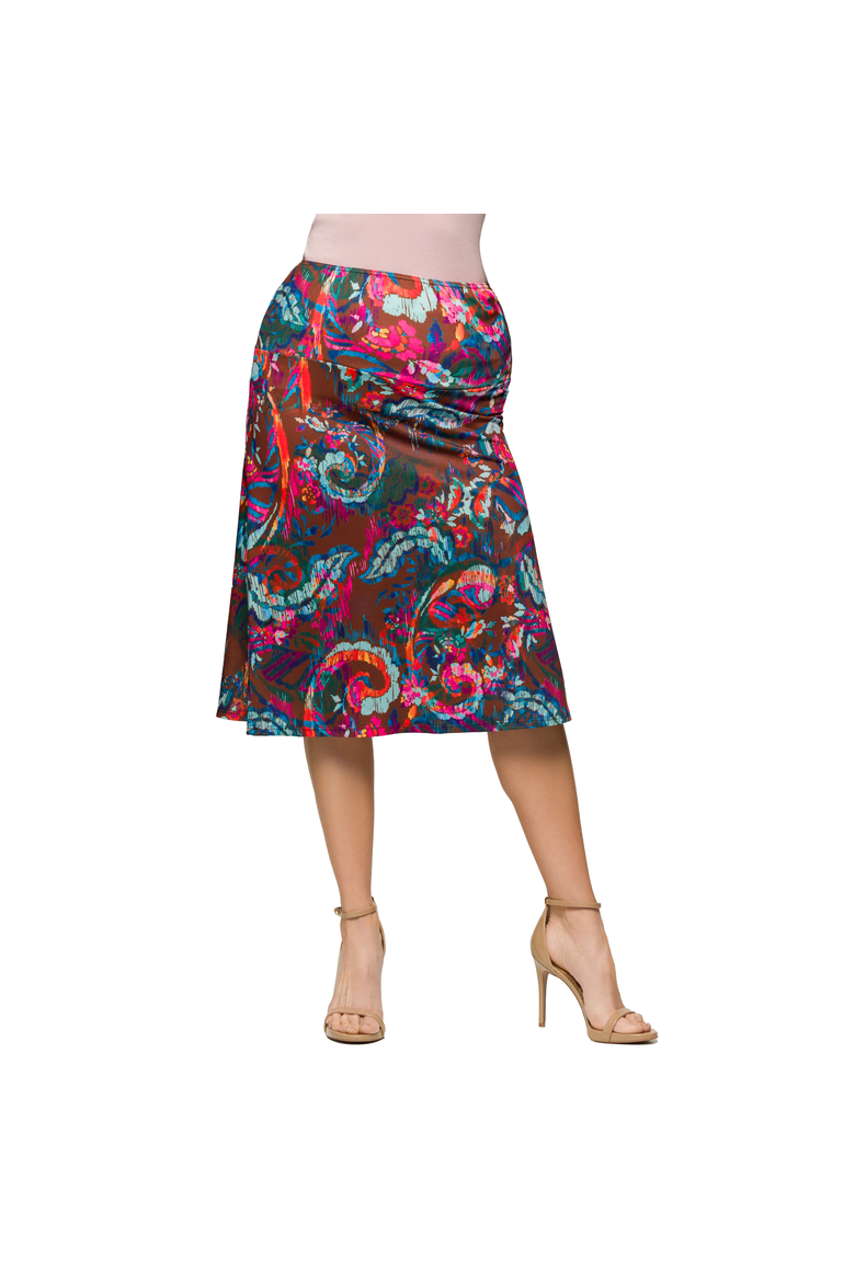 Maternity Brown Paisley Print Elastic Waist Knee Length Skirt, Main, color, Brown Multi