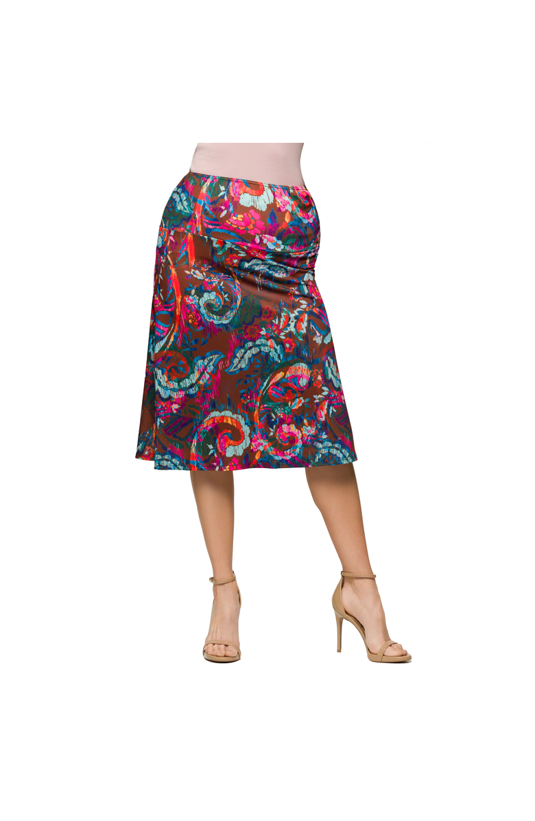 24seven Comfort Apparel Maternity Brown Paisley Print Elastic Waist Knee Length Skirt, Main, color, Brown Multi