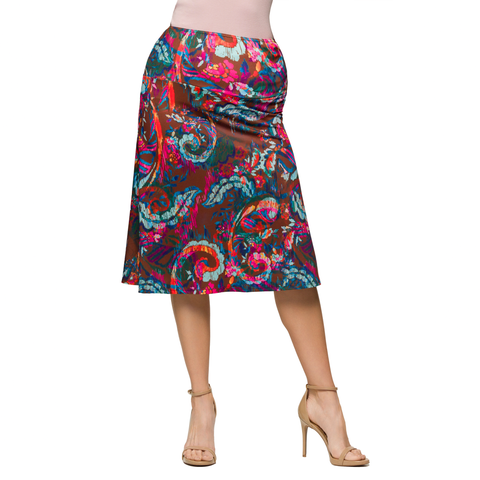 Maternity Brown Paisley Print Elastic Waist Knee Length Skirt