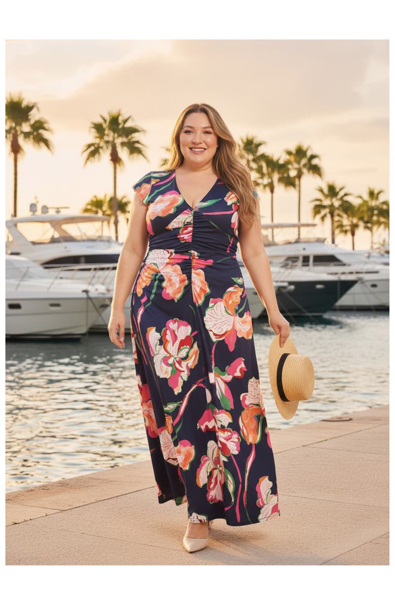 24seven Comfort Apparel Plus Size Floral V-Neck Cap Sleeve Ruched Front Maxi Length Dress, Alternate, color, Navy Multi