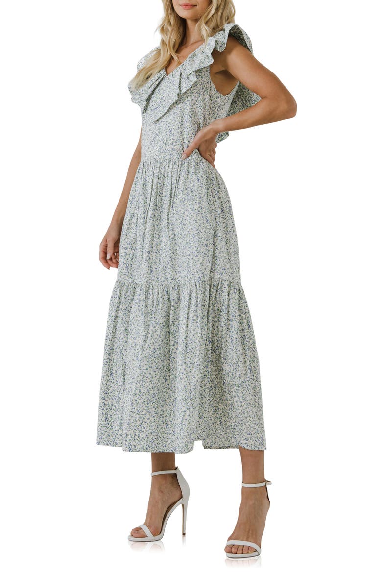 Floral Ruffle Tiered Midi Dress, Alternate, color, BLUE MULTI