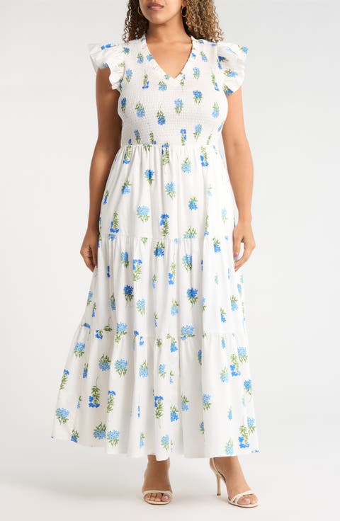 Jillian Floral Sunfire Tiered Midi Dress (Plus)