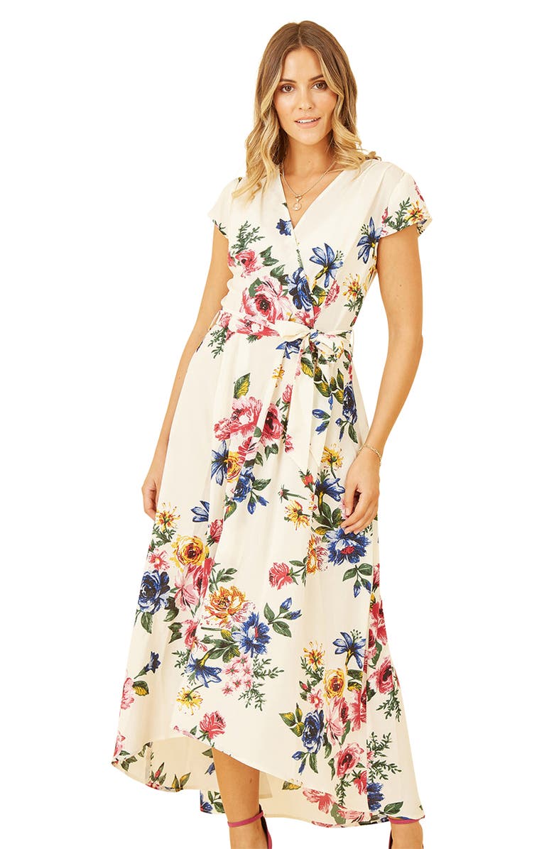 Yumi Floral Print Dip Hem Wrap Dress, Alternate, color, Ivory