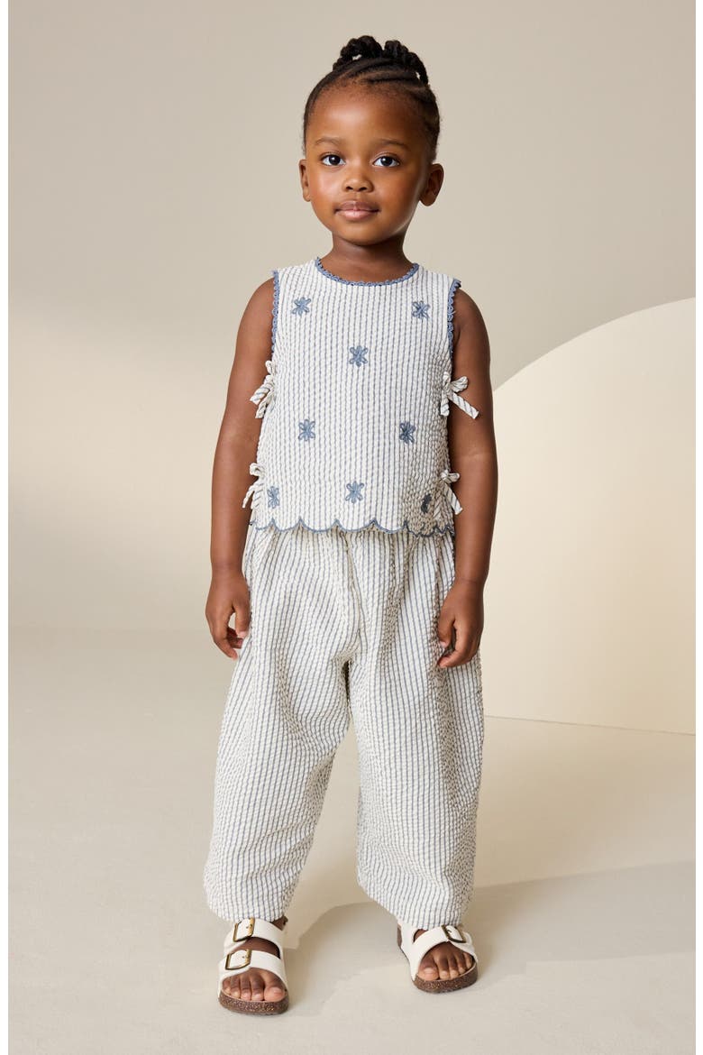 Kids' Floral Embroidered Sleeveless Cotton Seersucker Top & Pants Set, Alternate, color, BLUE