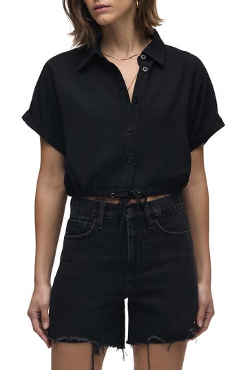Hudson Jeans Drawstring Hem Crop Button-up Shirt
