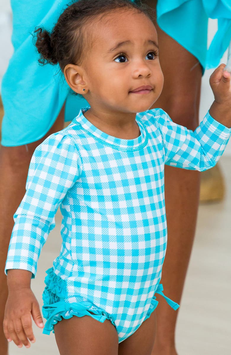RuffleButts Bright Aqua Gingham Long Sleeve One-Piece Rashguard Swimsuit & Hat Set, Alternate, color, 