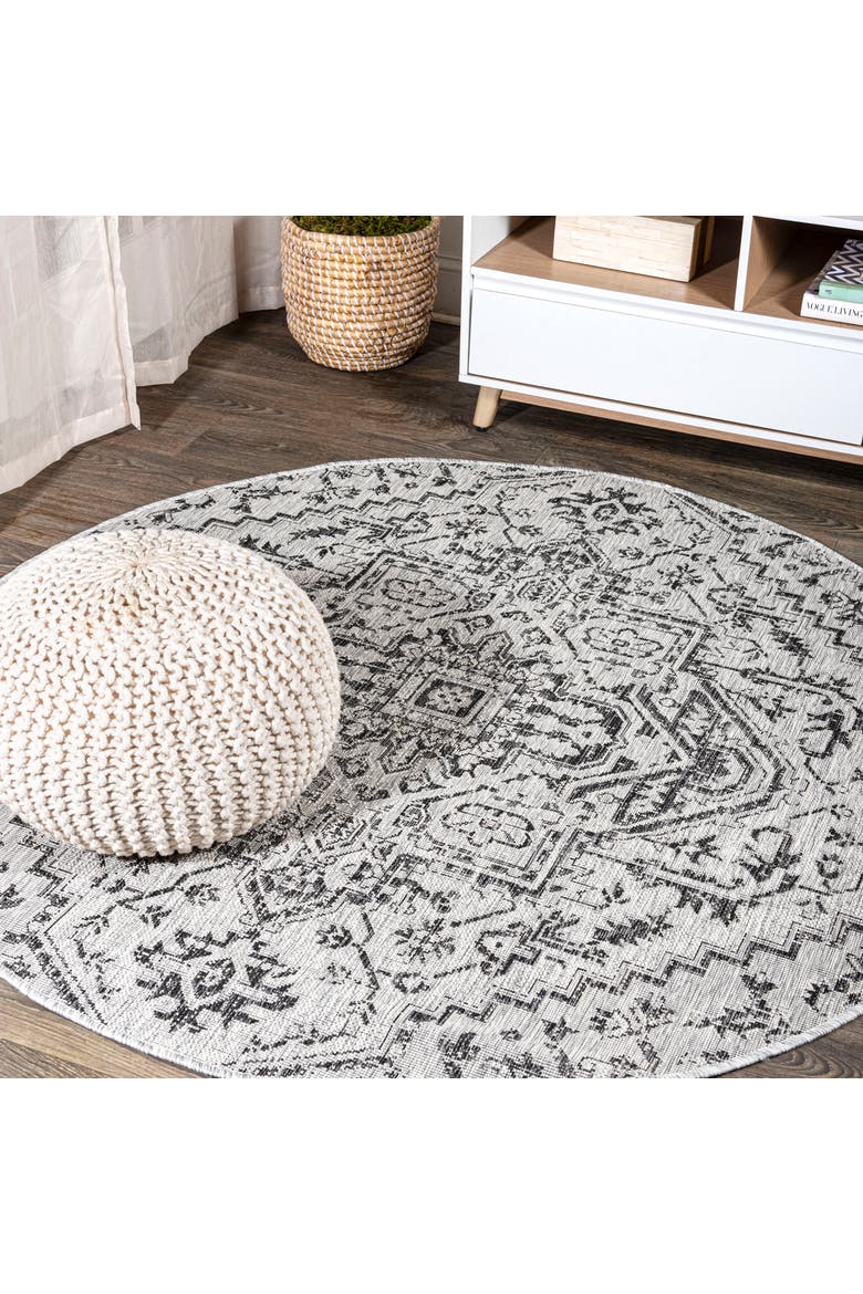 Estrella Bohemian Medallion Textured Weave Indoor/Outdoor Round Area Rug, Main, color, Black/Gray