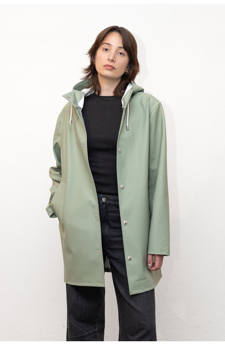 Stutterheim Stockholm Long Sleeve Hooded Raincoat, Main, color, Khaki Green