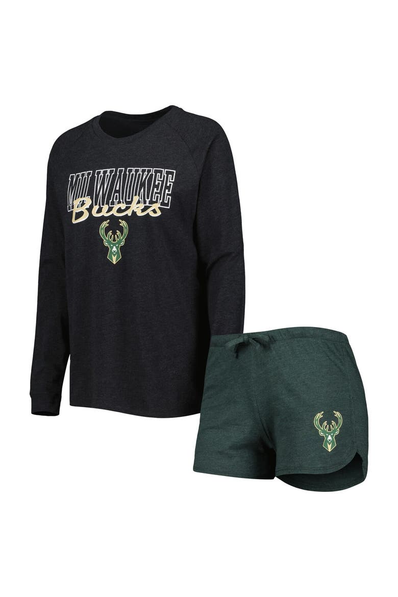 Women's Concepts Sport Heather Black/Heather Hunter Green Milwaukee Bucks Team Raglan Long Sleeve T-Shirt & Shorts Sleep Set, Main, color, Heather Black