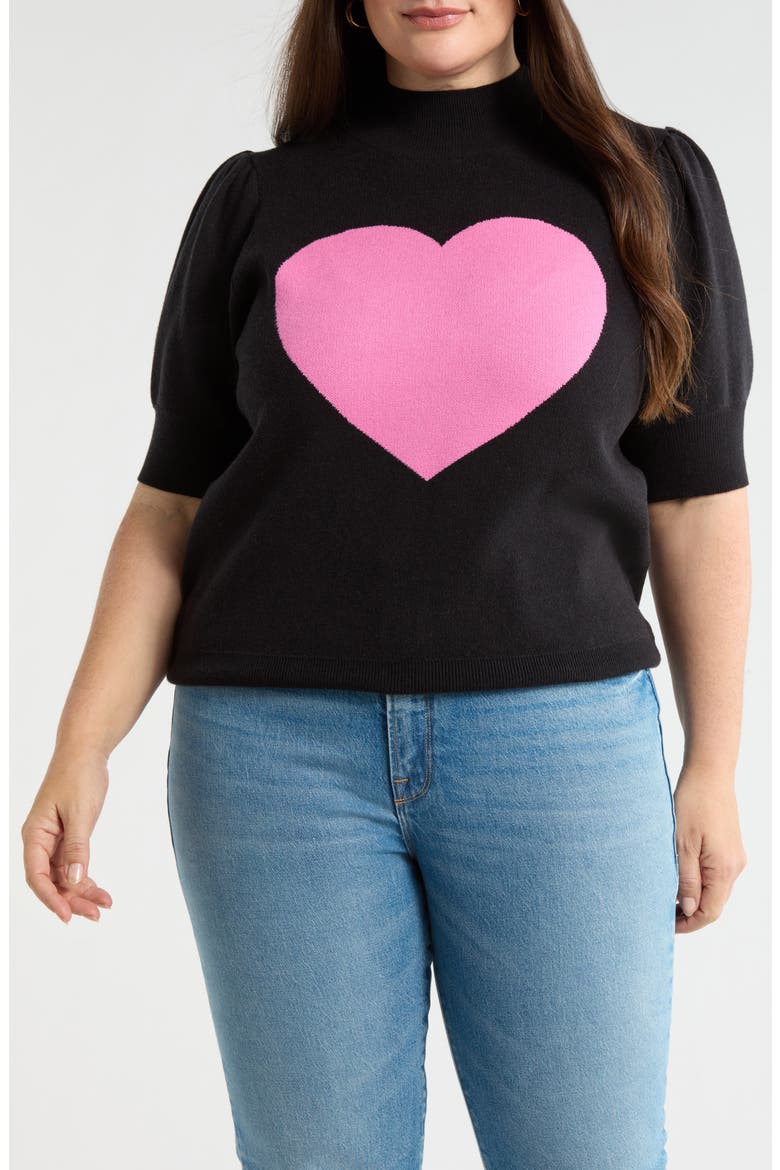 Russel Heart Puff Sleeve Sweater, Main, color, BLACK-PINK