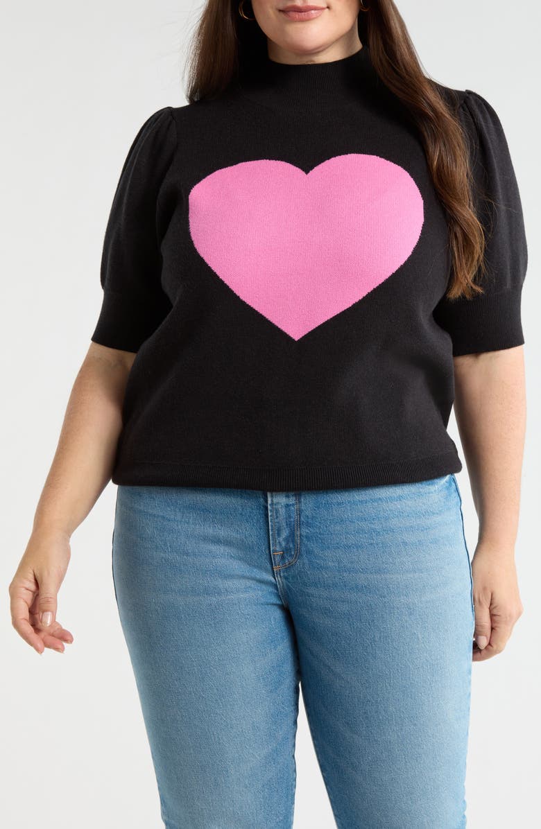 SUGARLIPS Russel Heart Puff Sleeve Sweater, Main, color, Black-Pink