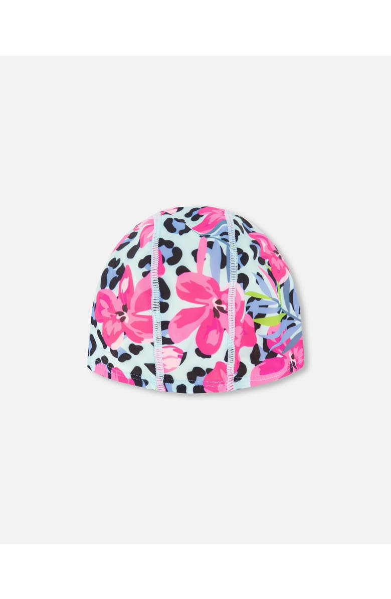 Deux par Deux Flexible Fit Floral and Leopard Swim Cap, Main, color, Blue Floral And Leopard Print