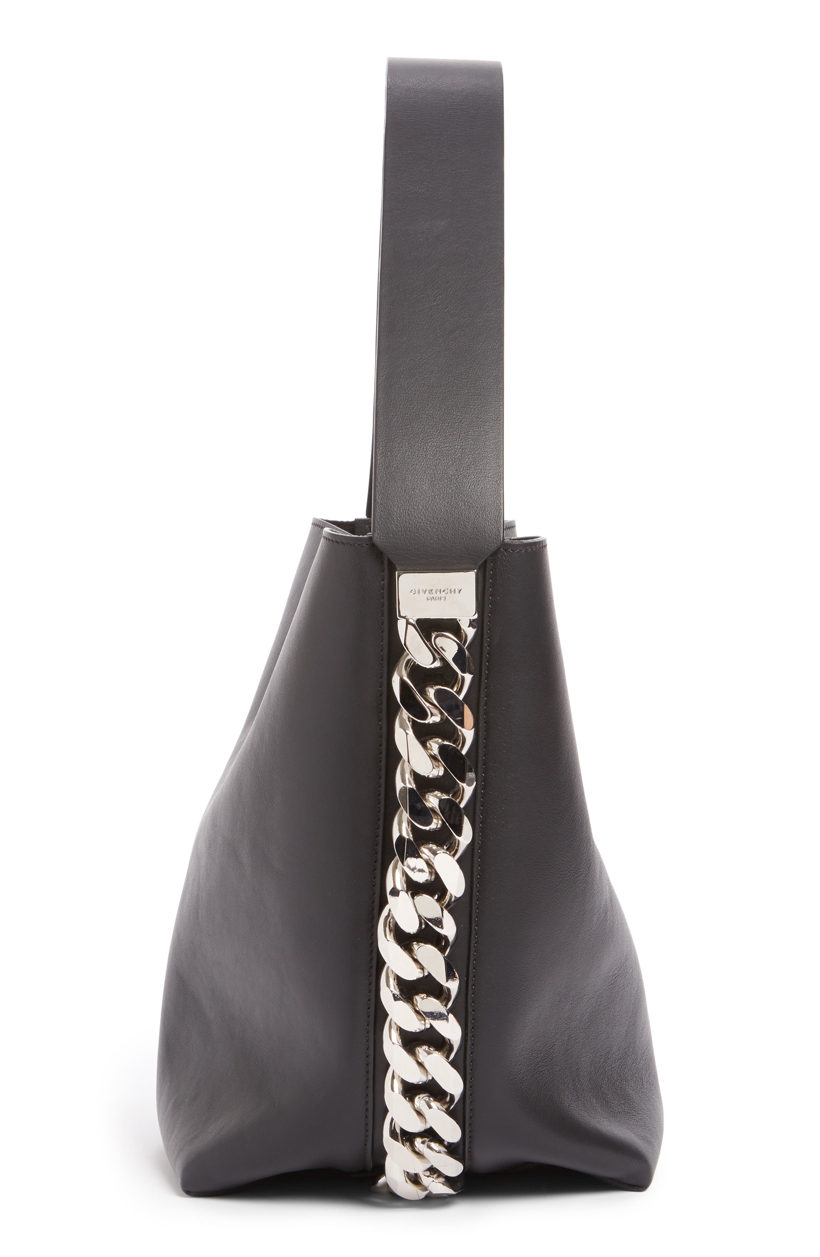 Infinity Calfskin Leather Bucket Bag, Alternate, color, BLACK