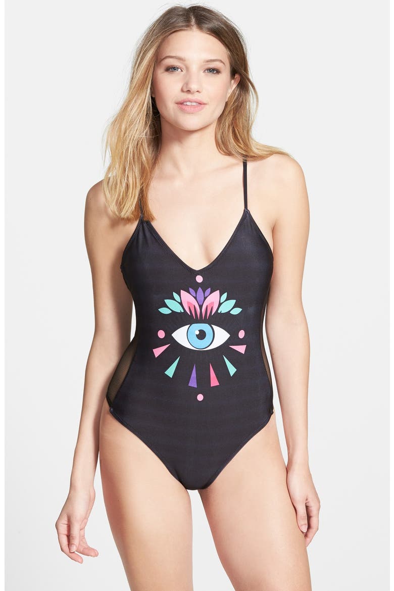 'Third Eye' Mesh Inset One-Piece Swimsuit, Main, color, CLEAN BLACK