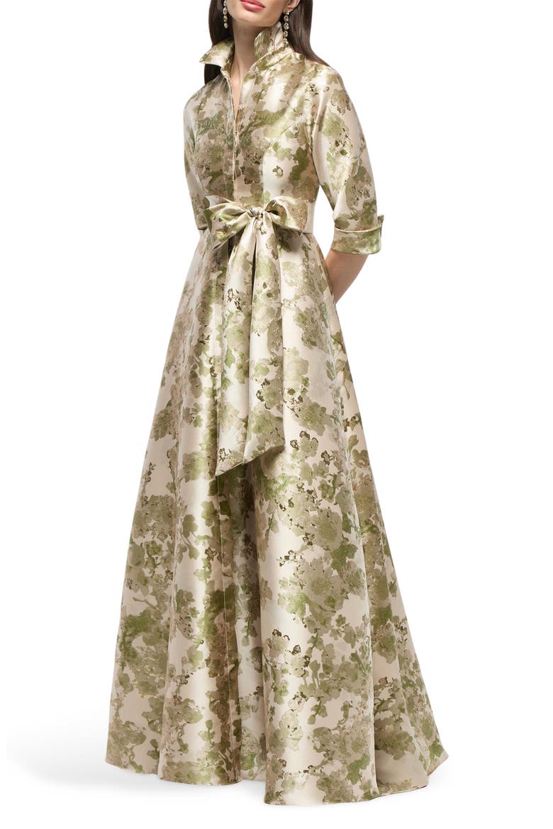 Sabine Metallic Floral Shirtdress Gown, Alternate, color, PERIDOT BLUSH