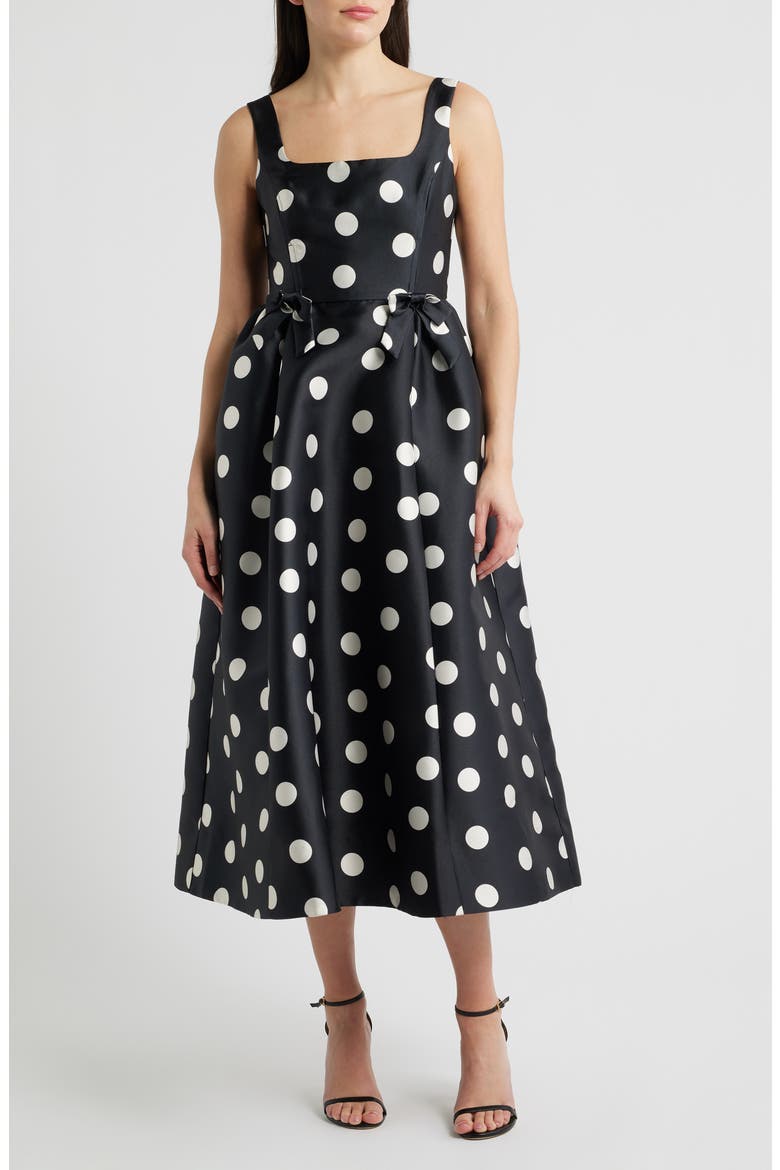 Polka Dot Bow Detail Cocktail Midi Dress, Main, color, BLACK MULTI