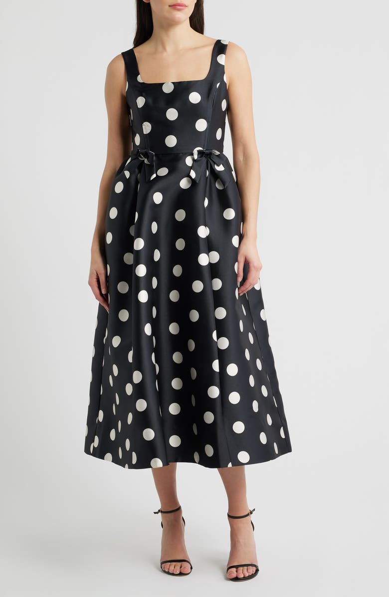 Julia Jordan Polka Dot Bow Detail Cocktail Midi Dress, Main, color, Black Multi