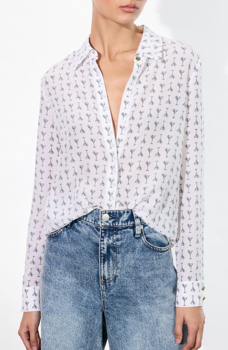 Alice + Olivia Willa Martini Print Silk Button-Up Shirt, Main, color,