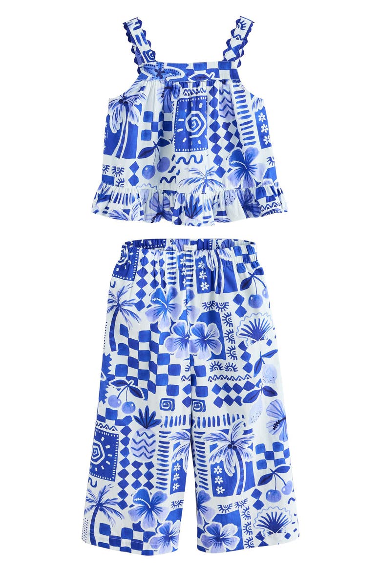 Kids' Tile Print Cotton Tank & Wide Leg Pants Set, Main, color, BLUE
