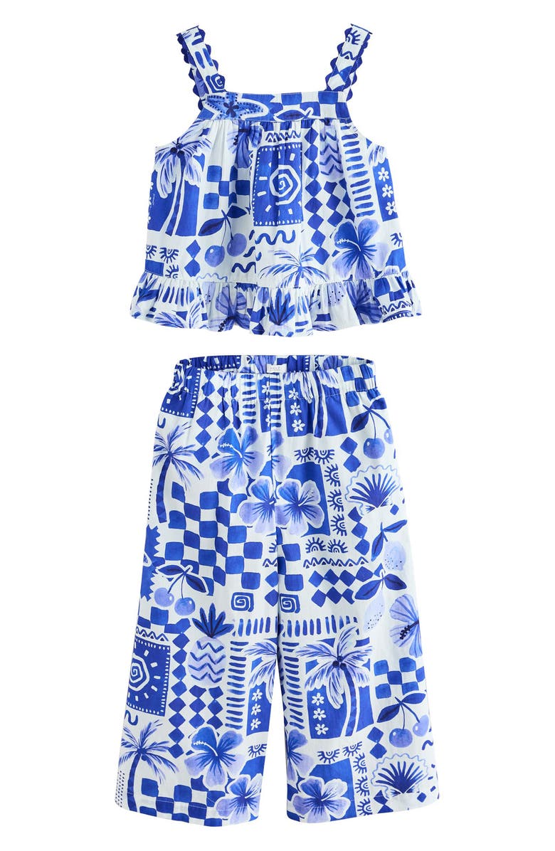 NEXT Kids' Tile Print Cotton Tank & Wide Leg Pants Set, Main, color, Blue