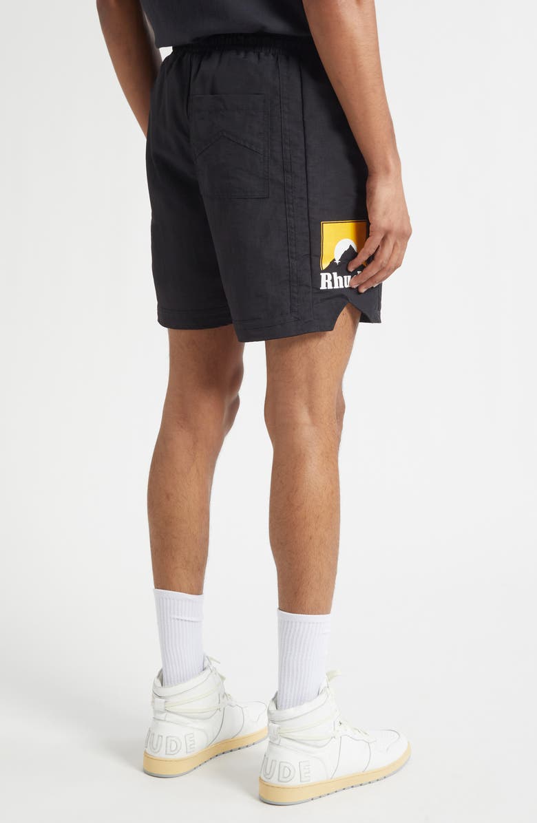 Rhude Moonlight Logo Nylon Drawstring Shorts, Alternate, color, Black / Yellow / White