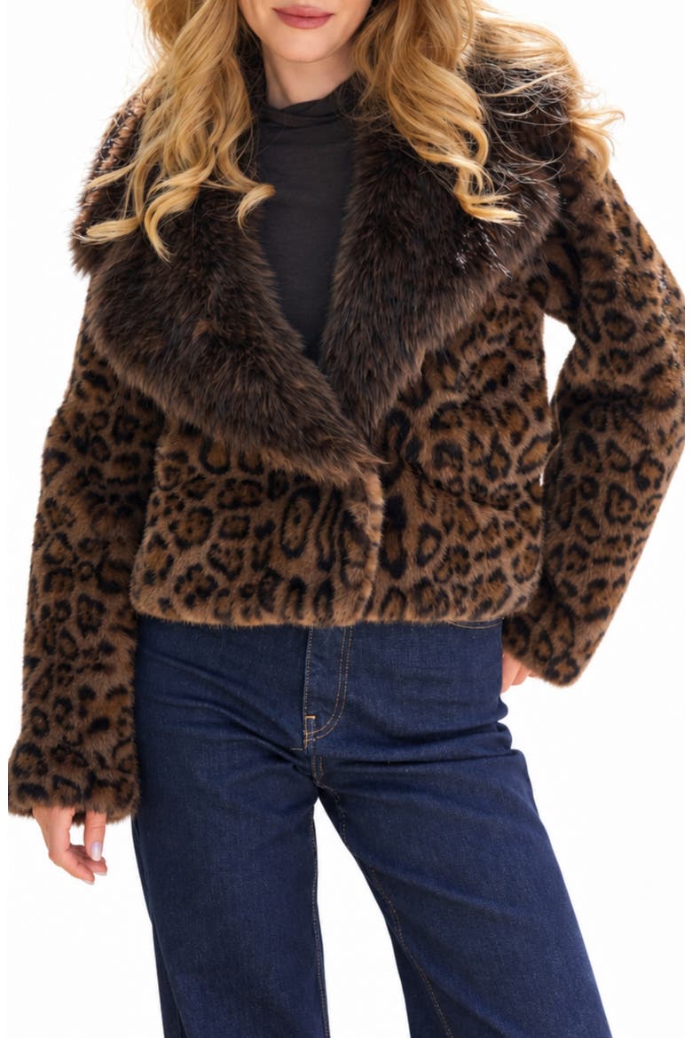 Leopard Printed Faux Fur Jacket, Main, color, DARK BROWN