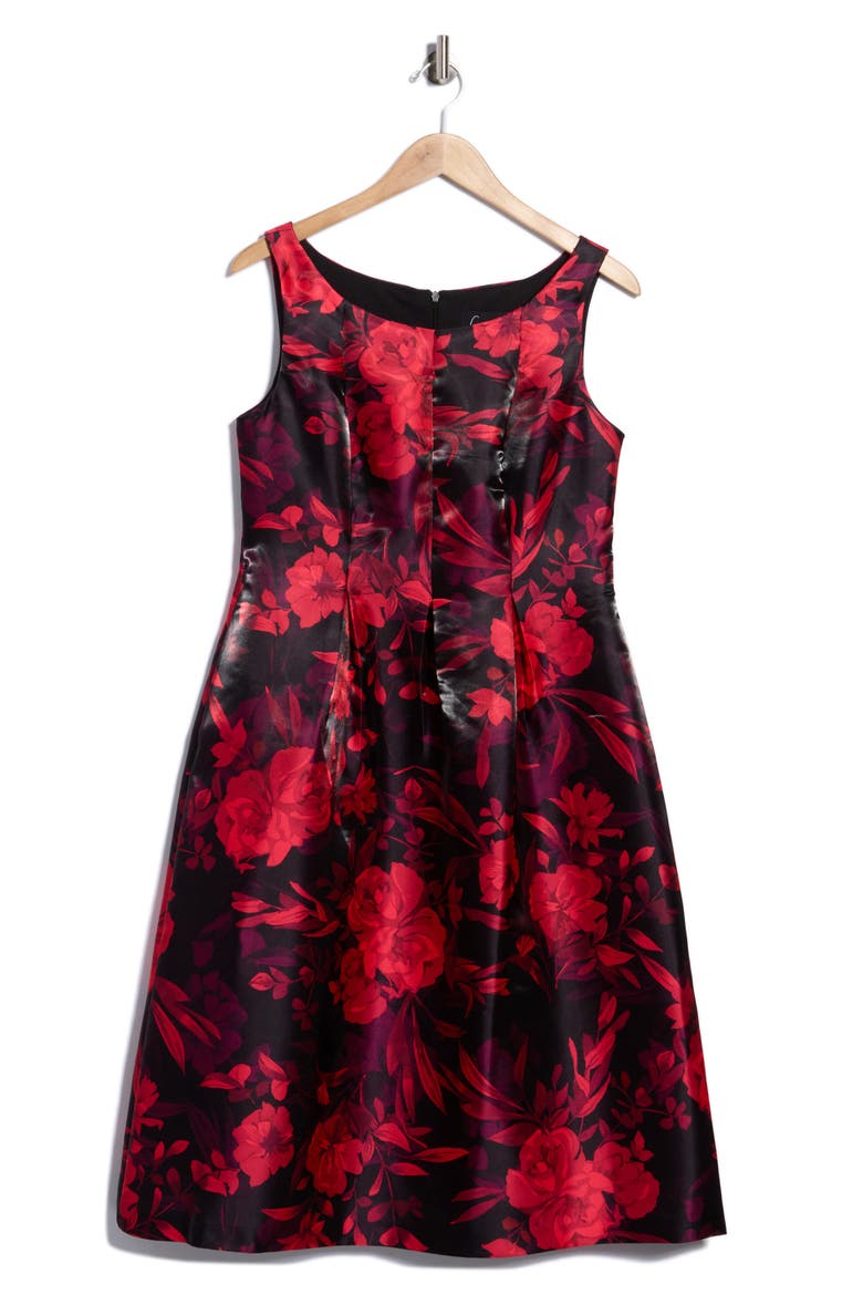 Floral Mikado Fit and Flare Dress, Alternate, color, RUBY
