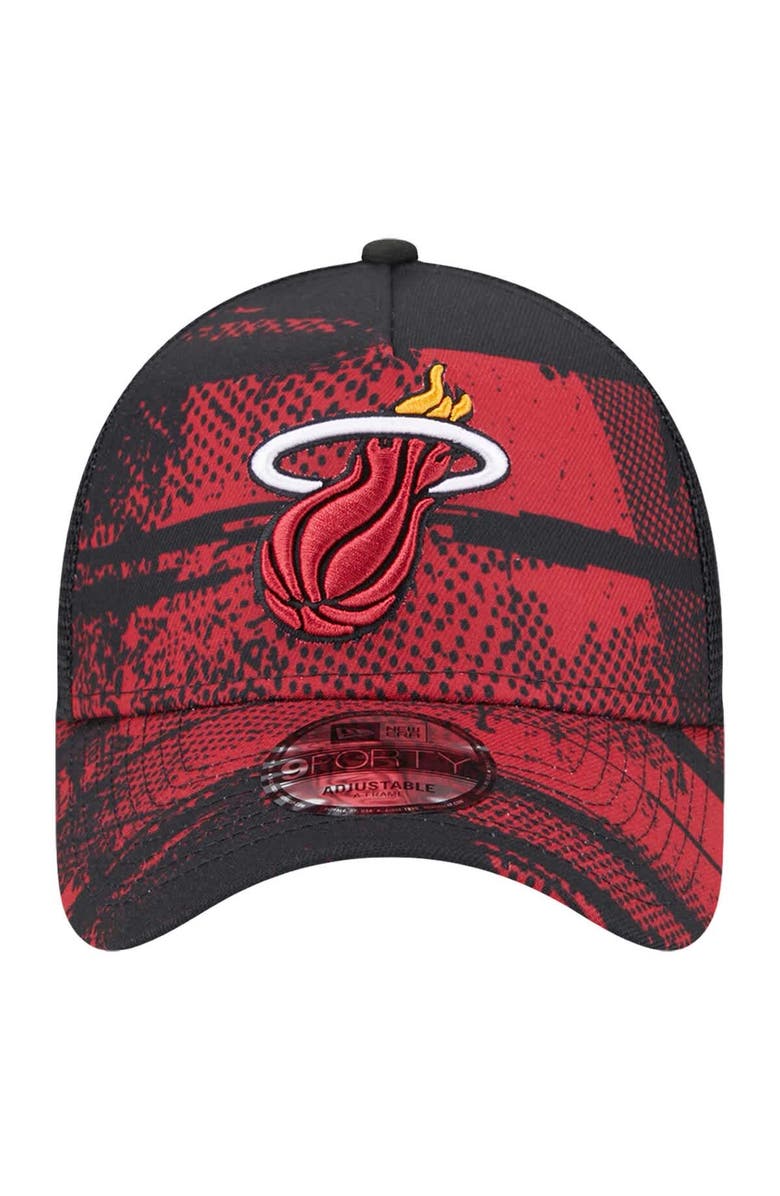 New Era Men's New Era Black/Red Miami Heat Tip Off A-Frame Trucker 9FORTY Adjustable Hat, Alternate, color, Black