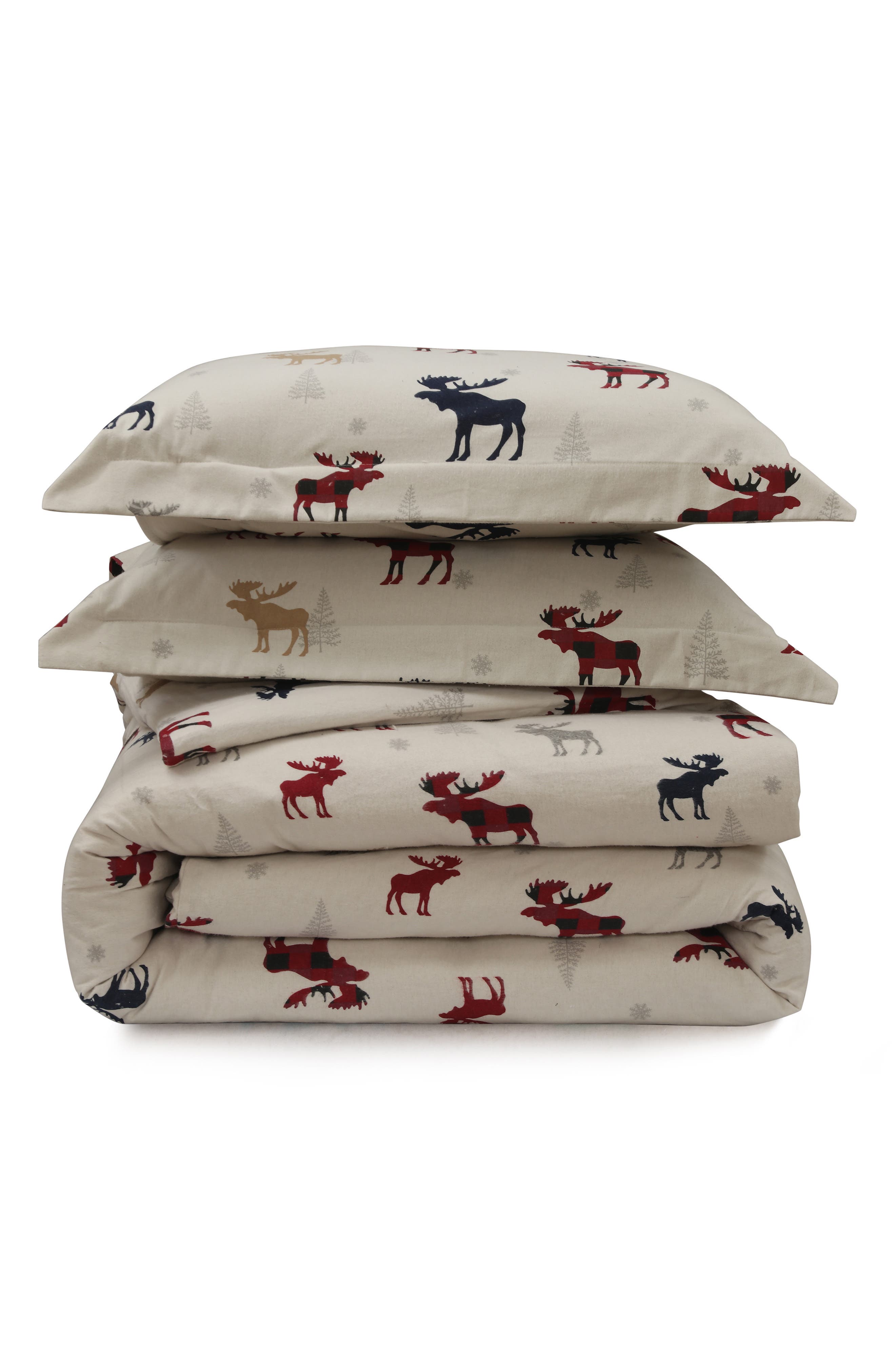 AZORES HOME Plaid Moose Cotton Flannel Duvet Cover & Sham Set