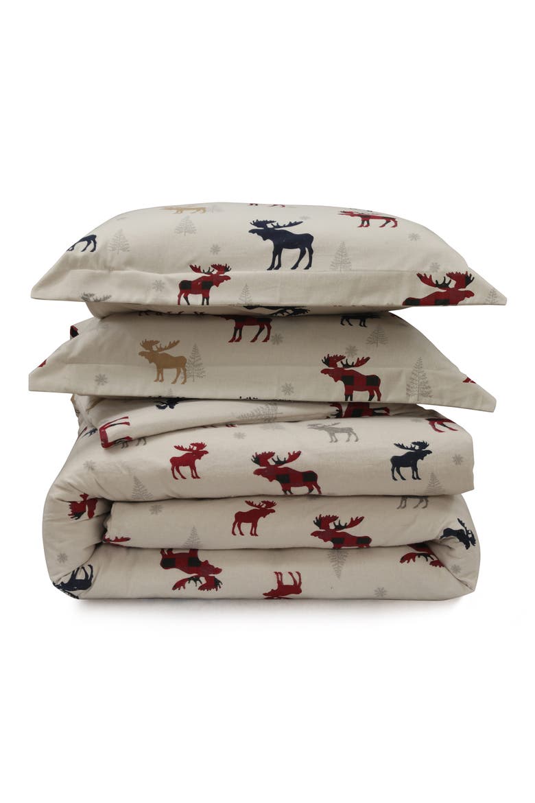 Plaid Moose Cotton Flannel Duvet Cover & Sham Set, Main, color, BEIGE MULTI