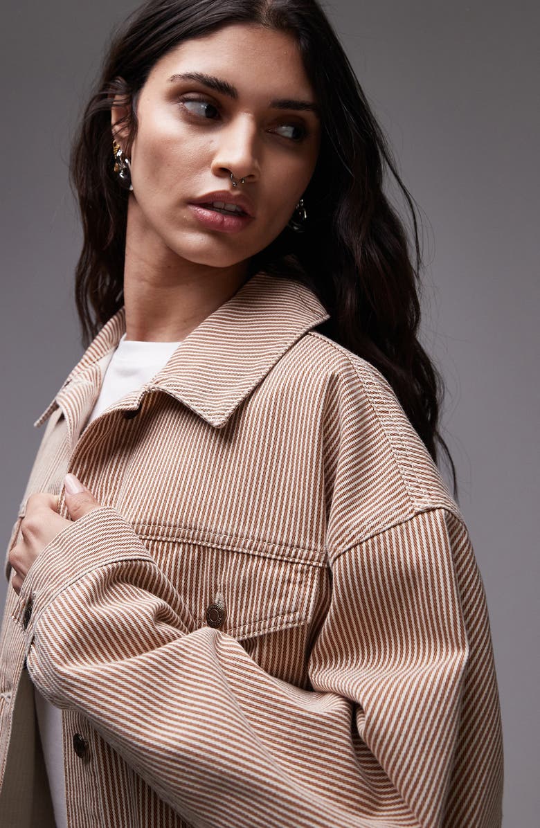 Topshop Stripe Denim Balloon Sleeve Jacket, Alternate, color, Rust Multi