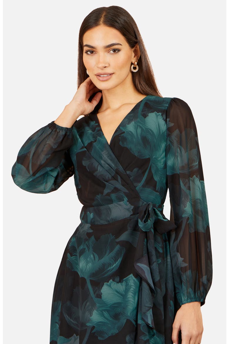 Floral Dipped Hem Wrap Midi Dress, Alternate, color, Black