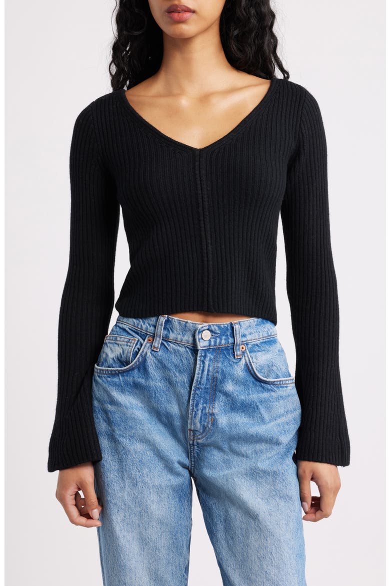 V-Neck Wool Rib Sweater Top, Main, color, TRUE BLACK