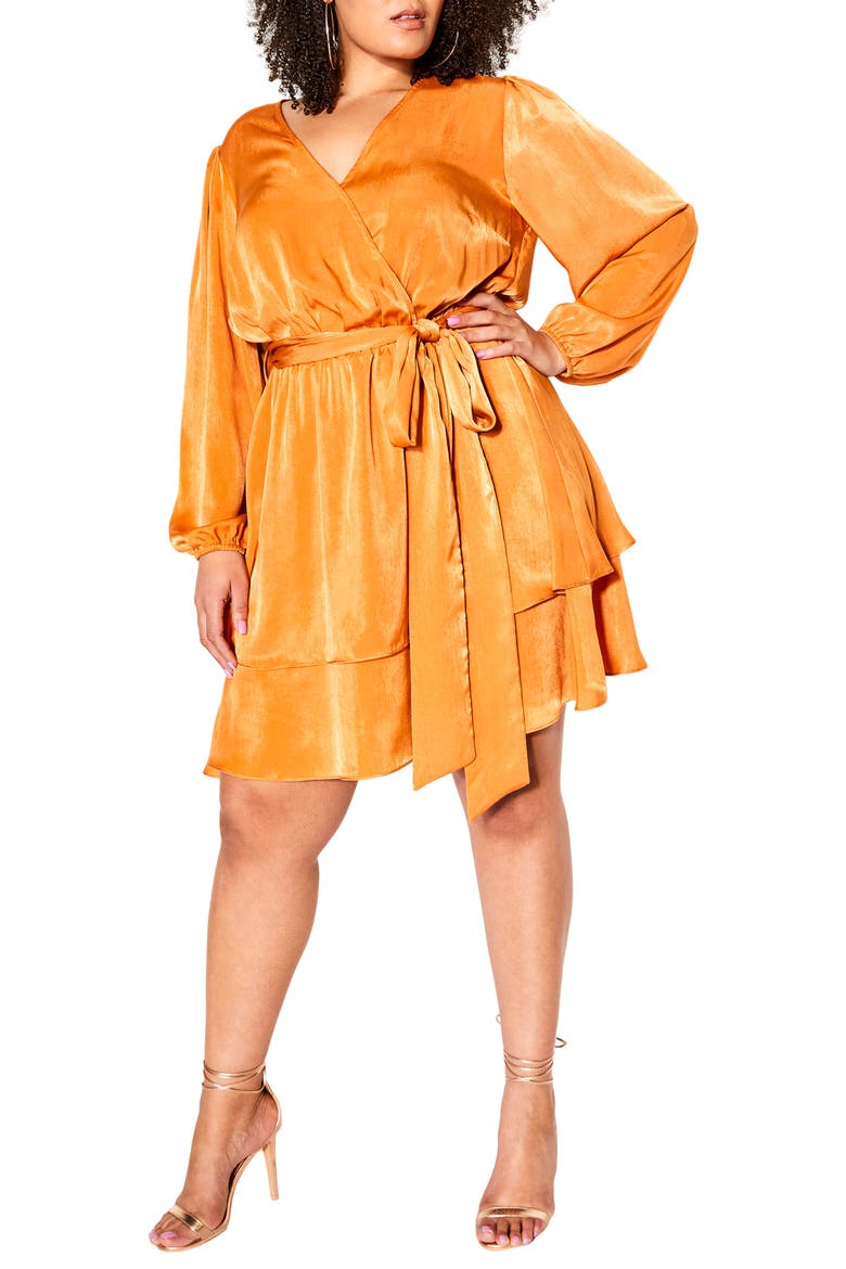 Long Sleeve Faux Wrap Dress, Main, color, YELLOW GOLD