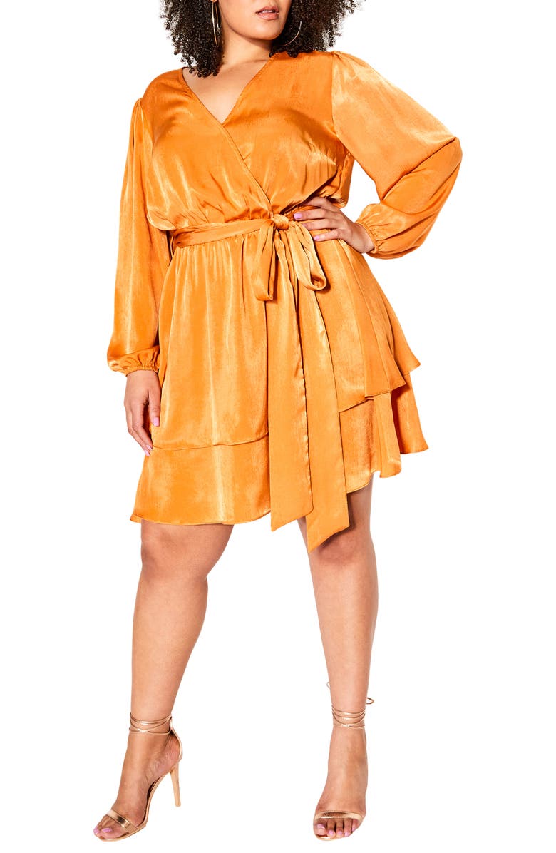 City Chic Long Sleeve Faux Wrap Dress, Main, color, Yellow Gold