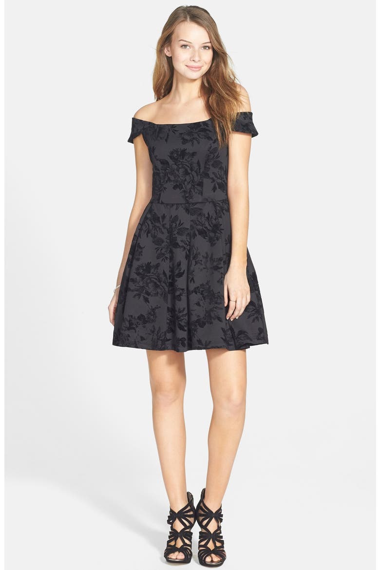 'Marilyn' Flocked Off the Shoulder Skater Dress, Alternate, color, BLACK
