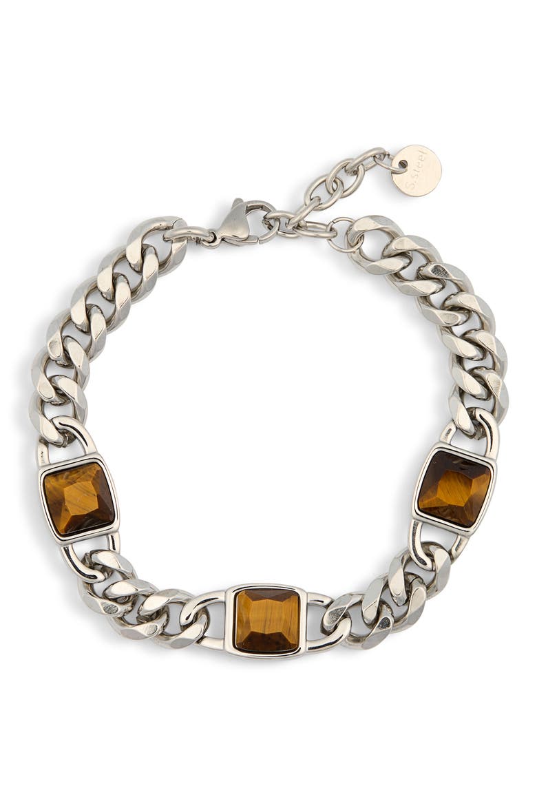 Raj Tiger Eye Station Curb Link Bracelet, Main, color, SILVER