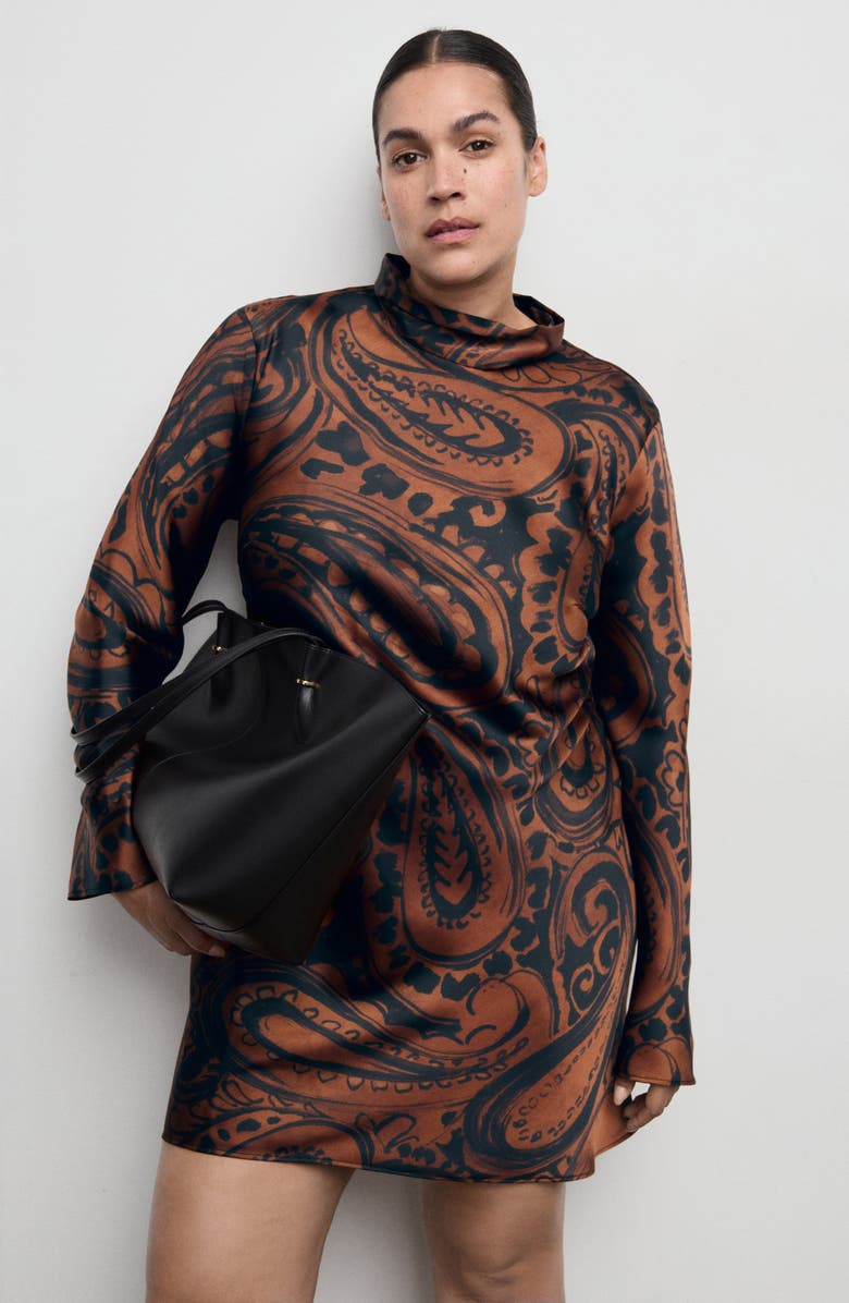 MANGO Paisley Long Sleeve Satin Dress, Alternate, color, Burnt Orange