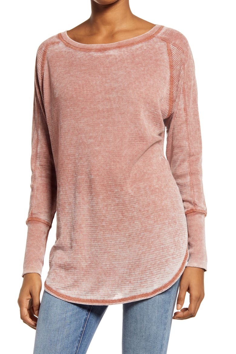 Thermal Knit Shirttail Hem Long Sleeve Tee, Main, color, RUST SEQUOIA