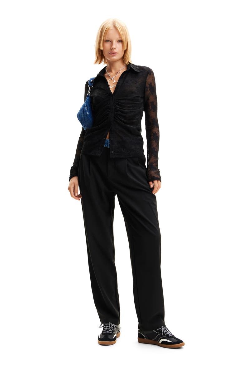 Gathered Tulle Floral Shirt, Alternate, color, BLACK
