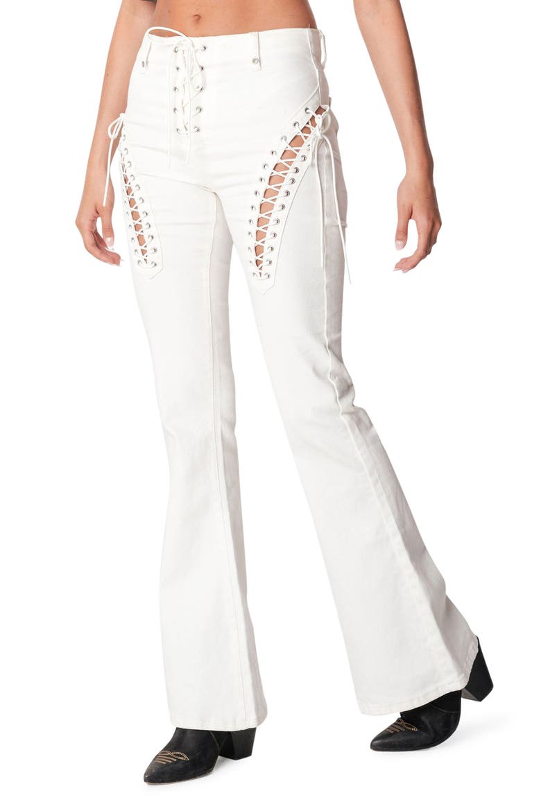 Engine White Lace-Up High Waist Flare Jeans, Alternate, color, WHITE