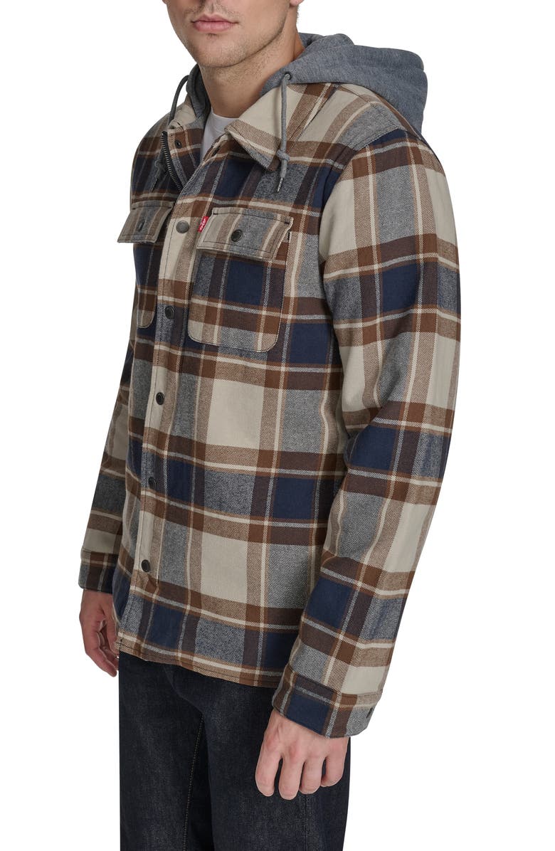 Levi's Plaid Faux Shearling Lined Jersey Hood Shirt Jacket, Alternate, color, British Tan