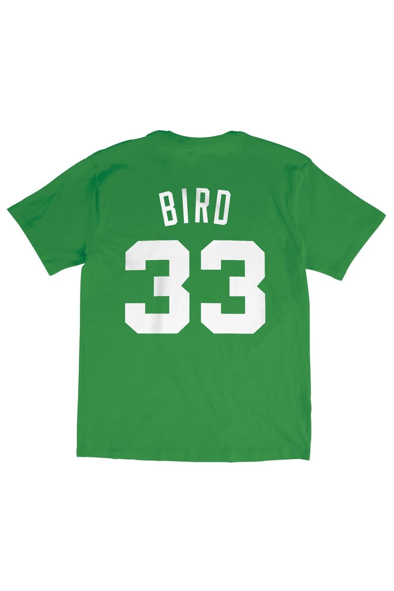 Men's Mitchell & Ness Larry Bird Kelly Green Boston Celtics Hardwood Classics Stitch Name & Number T-Shirt, Alternate, color, White